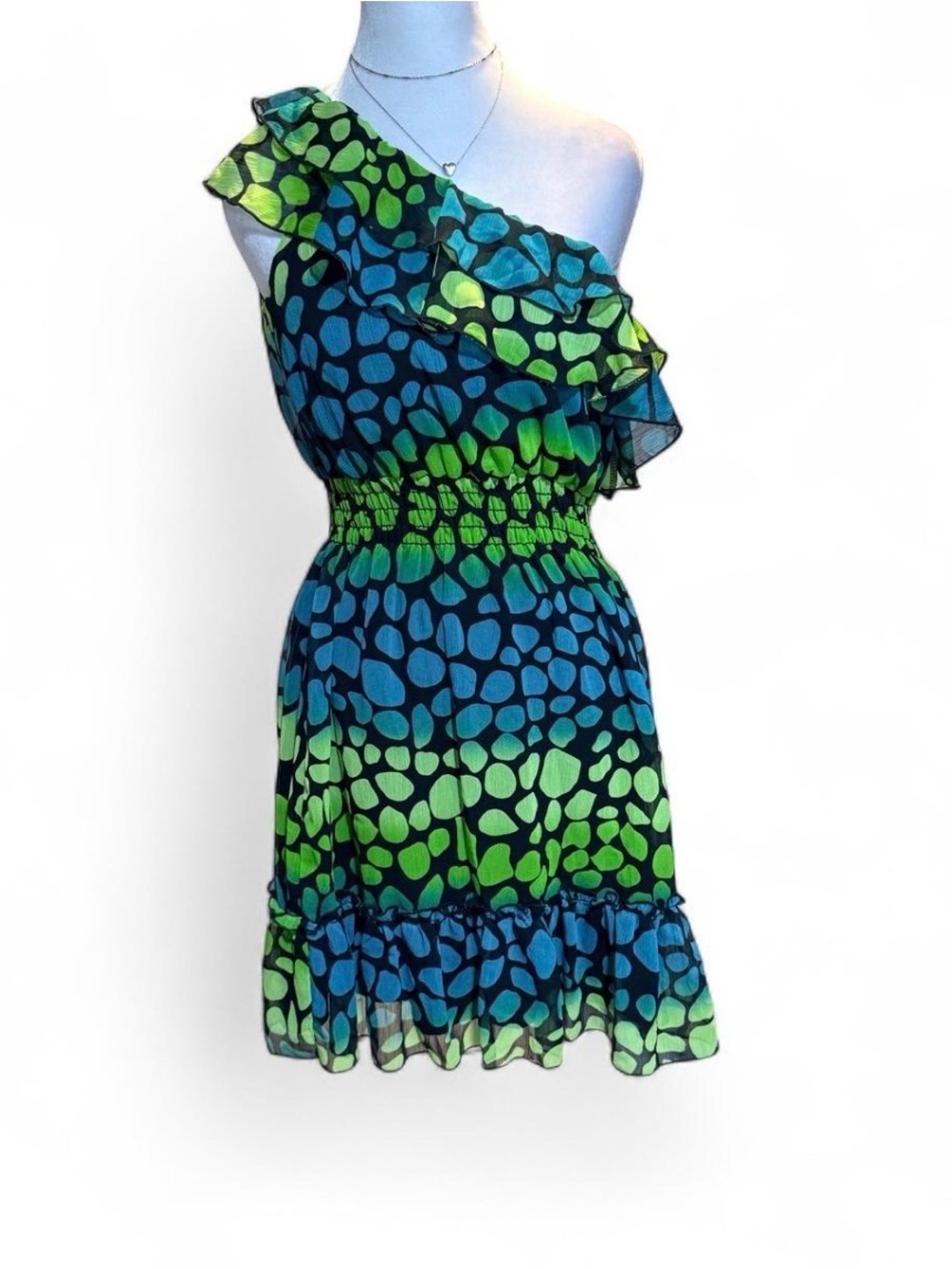 One-Shoulder Green & Blue Ruffle Y2K Deadstock nwt Clubwear